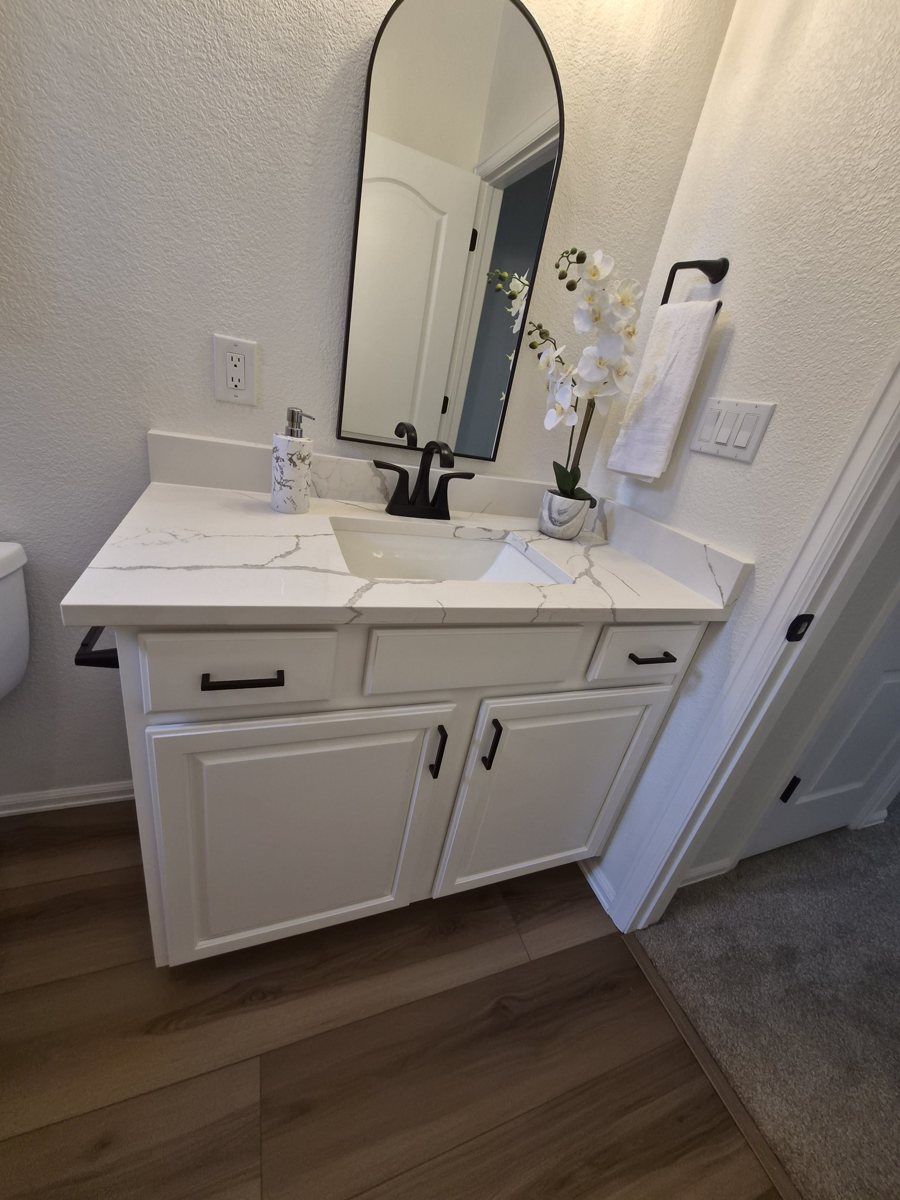 White Vanity with Arched Mirror — refinished kitchen by Refresh