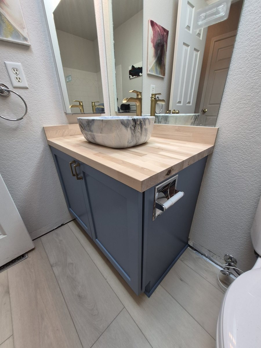 Navy Powder Room Vanity — refinished kitchen by Refresh